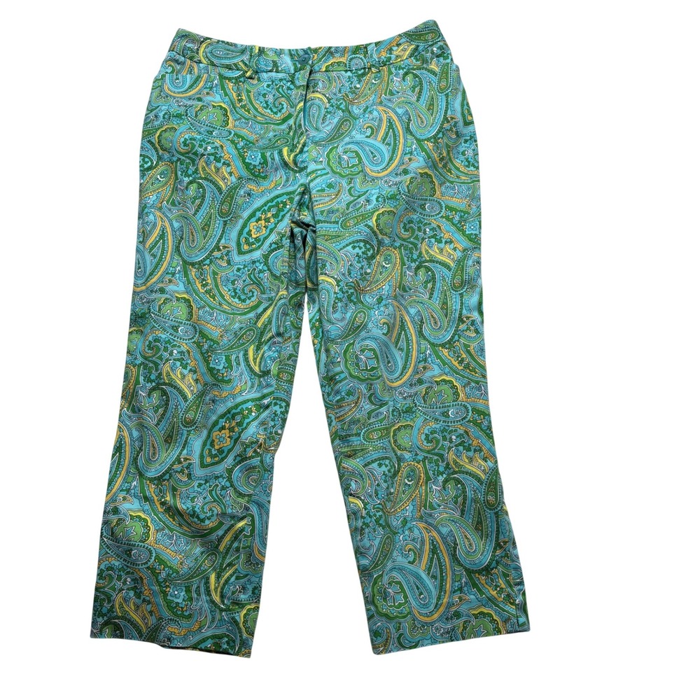Jones New York Signature Paisley Stretch Pants Turquoise Green Yellow SZ 12 #889